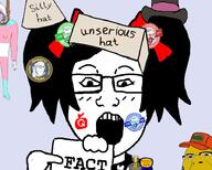 ack badge barneyfag black_shirt blue_background blush bow cheese child clothes don_turtelli eyelashes fact female femjak full_body glasses hair hair_ribbon hat open_mouth queen_of_apples serious_hat sharty_seal silly_hat sneed subvariant:hornyson subvariant:markella tranny transgender_flag unserious_hat variant:bernd variant:cobson variant:markiplier_soyjak // 900x724 // 297.3KB