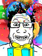 balloon birthday clothes gift glasses grin hair hat party party_hat smile soyjak stubble variant:markiplier_soyjak // 600x800 // 442.5KB