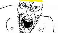 angry aryan blue_eyes buff glasses hair nipple open_mouth soyjak stubble variant:angry_soyjak white_background yellow_hair // 1200x675 // 84.7KB