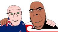 2soyjaks arm brown_eyes brown_skin closed_mouth clothes country flag friendship glasses green_eyes hand hugging looking_at_you maori new_zealand smile soyjak star stubble teeth variant:cobson variant:feraljak white_skin // 3840x2160 // 1.1MB