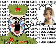 angry blush clothes communism glasses hammer_and_sickle hat i_love korean_text military military_cap north_korea open_mouth rent_free soyjak stubble text thought_bubble variant:a24_slowburn_soyjak white_skin // 841x665 // 194.7KB