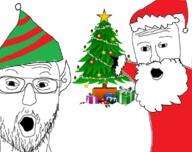 2soyjaks arm beard christmas clothes ear elf glasses hand hat mustache open_mouth pointing santa santa_hat soyjak stubble variant:two_pointing_soyjaks // 1138x899 // 355.6KB