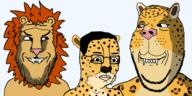 3soyjaks animal cheetah closed_mouth ear fangs fur glasses leopard lion looking_at_each_other mane ominous scared shadow smile stubble sweating variant:chudjak variant:gapejak variant:markiplier_soyjak // 2048x1025 // 377.3KB