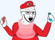 arm bib breasts clothes controller glasses hand hat holding_object mario mario_hat nintendo nintendo_switch open_mouth soyjak special_boy stubble variant:soyak video_game // 1879x1384 // 571.0KB