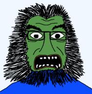 beard clothes frog glasses green_skin hair open_mouth pepe soyjak variant:soydoz // 600x610 // 33.0KB