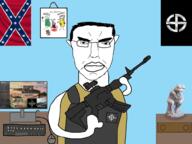 angry armor blood bulletproof_vest closed_mouth clothes computer confederate desk drawer drawing drawn_background ear father firearm flag frog glasses gun hair hearts_of_iron hoi4 holding_object keyboard marble millions_must_die monitor mother mouse nazism paradox_interactive pepe rifle screenshot sniper statue subvariant:chudjak_front table teddy_bear text the_thinker thinking variant:chudjak vest video_game weapon // 1000x750 // 294.3KB