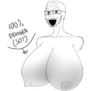 art breasts estrogen gigantic_breasts glasses nipple nsfw open_mouth soy soyjak stubble text variant:unknown // 1741x1660 // 307.8KB