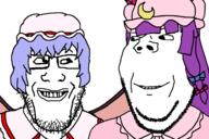 2soyjaks anime are_you_soying_what_im_soying clothes female glasses grin hair hat looking_at_each_other patchouli_knowledge remilia_scarlet smile soyjak stubble subvariant:wholesome_soyjak touhou variant:gapejak variant:markiplier_soyjak video_game // 1200x800 // 213.2KB