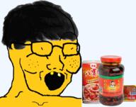 asian bottle can chili_oil food glasses hair lao_gan_ma open_mouth small_eyes soyjak variant:soyak yellow_skin yellow_teeth // 1000x789 // 532.8KB