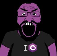 angry arm balding beard c c# clothes glasses hair i_love open_mouth programming purple_skin soyjak subvariant:science_lover tshirt variant:markiplier_soyjak // 800x789 // 35.6KB
