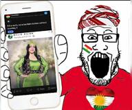 arm billie_eilish clothes country flag glasses hand hat heart holding_object keffiyeh kurd kurdistan open_mouth phone reddit soyjak soyjak_holding_phone stubble tshirt variant:markiplier_soyjak // 720x601 // 72.4KB