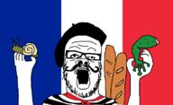 arm beret bread clothes country flag food france frog glasses hand hat holding_object mustache open_mouth snail soyjak stubble toad tshirt variant:a24_slowburn_soyjak // 1130x690 // 29.3KB