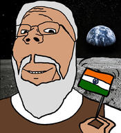beard brown_skin clothes country earth flag glass glasses grey_hair grin hand holding_object india indian moon mustache narendra_modi smile soyjak space subvariant:wholesome_soyjak variant:gapejak // 842x922 // 166.3KB