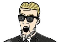 clothes ear glasses max_headroom necktie open_mouth soyjak stubble suit sunglasses tagme variant:unknown white_skin yellow_hair // 418x298 // 42.9KB