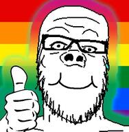 closed_mouth flag gay glasses hand lgbt rainbow rainbow_flag smile soyjak stubble thumbs_up variant:a24_slowburn_soyjak // 450x459 // 54.2KB