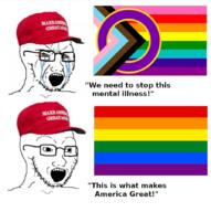 bloodshot_eyes cap clothes country crying donald_trump flag glasses hat lgbt maga open_mouth soyjak stubble text united_states variant:classic_soyjak // 893x900 // 256.0KB