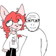 arm blowjob blue_eyes closed_mouth clothes furry glasses grin hair hand nara nsfw penis red_hair redraw smile soyjak stubble subvariant:lawrence variant:markiplier_soyjak // 1280x1280 // 67.3KB