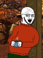 arm autumn clothes coffee crazed cup glasses hand holding_object irl_background open_mouth soyjak stubble sweater tree variant:classic_soyjak // 796x1060 // 838.6KB