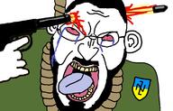 bloodshot_eyes ear glasses gun nazism open_mouth rope soyjak suicide swastika tongue ukraine variant:angry_soyjak volodymyr_zelenskyy // 800x513 // 134.5KB