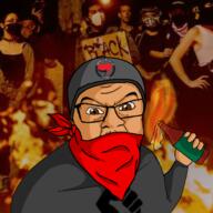 anarchism angry antifa arm bandana blm bottle brown_skin cap chaos clothes fire glasses hand hat hoodie irl_background mask molotov_cocktail mustache soyjak stubble variant:feraljak wine // 500x500 // 300.8KB