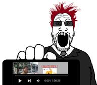 clothes glasses hair hand holding_object jerry necktie open_mouth phone red_hair soyjak stubble suit tinted_glasses variant:markiplier_soyjak // 614x541 // 62.0KB