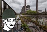 beanie clothes factory glasses hat irl_background soy soyjak soylent stubble suspenders variant:soyak // 1450x986 // 1.8MB