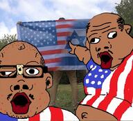 2soyjaks amerimutt apple_(company) arm brown_skin clothes ear fat flag glasses hand irl_background israel leg mustache open_mouth redraw soyjak star star_of_david stubble tape tshirt united_states variant:two_pointing_soyjaks // 886x809 // 183.5KB