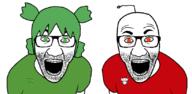 2soyjaks 4chan anime antenna arm clothes glasses green_hair hair open_mouth reddit soyjak stubble tshirt variant:el_perro_rabioso yotsoyba // 820x400 // 56.5KB