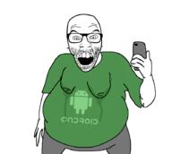 android angry arm clothes fat glasses gynaecomastia hand holding_object merge open_mouth phone soyjak stubble tshirt variant:el_perro_rabioso variant:feraljak // 900x804 // 38.8KB
