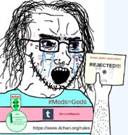 4chan acne anime arm badge bloodshot_eyes clothes crying flag glasses hair hand holding_object makeup nose_piercing open_mouth paper soyjak stubble text tranny tumblr variant:classic_soyjak // 965x1016 // 562.2KB
