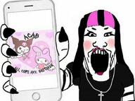 arm blm blush christianity clothes cross female goth hair hand holding_object makeup necklace nose_piercing painted_nails phone pink_hair police soyjak tagme variant:markiplier_soyjak // 1080x804 // 84.4KB
