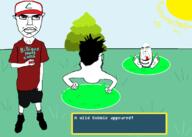 3soyjaks ash_ketchum closed_mouth clothes drawn_background full_body glasses grass hair holding_object licking_lips millions_must_die open_mouth pokeball pokemon shoe shorts sock stubble subvariant:chudjak_front sun text tongue tree tshirt variant:chudjak variant:cobson variant:markiplier_soyjak video_game // 1788x1278 // 175.6KB
