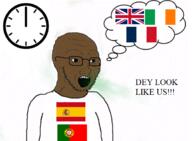 arm bad_breath brown_skin clock clothes flag france glasses ireland portugal soyjak spain stubble text thought_bubble united_kingdom variant:soyak // 612x448 // 45.9KB