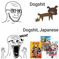 2soyjaks anime closed_mouth concerned dog excited eyes_popping glasses hand hands_up open_mouth poop rage_comic soyjak stubble subvariant:waow thing_japanese tongue trollface variant:soyak waow // 640x639 // 51.3KB