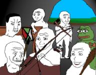 angry arrow axe bow_(weapon) caveman chud clenched_teeth closed_mouth clothes crying frog green_skin hair holding_axe holding_object open_mouth pepe variant:chudjak variant:wojak wojak // 400x313 // 56.4KB