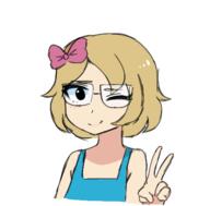 bowtie closed_mouth clothes dress glasses hair hand peace_sign redraw smile soyjak subvariant:soylita variant:gapejak white_skin wink yellow_hair // 449x442 // 66.3KB