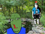 2soyjaks arm biting_lip blue_shirt bomb child closed_mouth clothes dynamite evil fat fern foot frog full_body glasses green_skin imminent_death irl_background leaves leg lips neutral no_eyebrows no_nose oh_my_god_she_is_so_attractive ominous pepe pond propeller_hat soyjak stone stubble subvariant:hornyson thomas_the_tank_engine tnt tree variant:cobson vein // 2048x1536 // 5.9MB