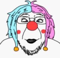 animated clown clown_nose colorful_hair giggly_goon_clown glasses hair hand heterochromia holding_object irl lipstick makeup mascara masturbation pointing red_nose sharp_teeth sign smile soyjak stubble tranny tweet twitter variant:bernd // 255x246 // 2.9MB