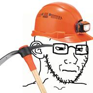 closed_mouth clothes disappointed ear glasses hat headlamp helmet looking_down miner pickaxe sad soyjak stubble variant:classic_soyjak // 450x450 // 203.6KB