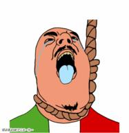 animated bald bloodshot_eyes brown_skin byonbyon countrywar crying dead flag flag:italy goatee hanging italy mustache open_mouth poyopoyo rope shitaly soyjak suicide tongue variant:hydejak yellow_teeth // 389x400 // 315.1KB