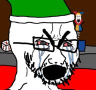 angry christmas crying elf elf_hat glasses green_hat jack_in_the_box looking_to_the_right nigger open_mouth racism santas_workshop stubble teeth toy toys variant:cryboy_soyjak variant:markiplier_soyjak // 1024x960 // 147.2KB