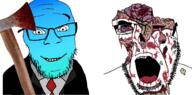 2soyjaks axe blood bloodshot_eyes blue_skin calm closed_mouth clothes crying dead death glass glasses gore gradient happy holding_object open_mouth smile soyjak stubble suit tuxedo variant:cobson variant:feraljak // 1358x670 // 478.2KB