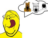 animal asian brown_skin cat cat_ear closed_eyes collar dog fingerboy food glasses scooby_doo small_eyes smile snout soyjak speech_bubble stubble subvariant:wholesome_soyjak tongue variant:a24_slowburn_soyjak variant:gapejak variant:markiplier_soyjak whisker yellow_skin // 1305x1034 // 96.6KB