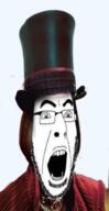 brown_hair charlie_and_the_chocolate_factory clothes glasses johnny_depp open_mouth soyjak stubble top_hat variant:cobson willy_wonka // 632x1221 // 587.8KB