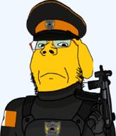 badge glasses gun holding_object janny military_cap moderator new_frootist_order police police_badge soyjak stubble uniform variant:gapejak // 771x900 // 130.9KB
