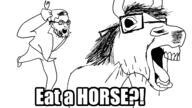 2soyjaks animal clothes fork full_body glasses holding_object horse impact_font open_mouth soyjak stubble text variant:unknown // 1280x720 // 23.3KB