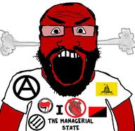 anarchism anarchist anarcho angry antifa balding beard clothes flag fume glasses i_hate left_wing leftist libertarian managerial_state open_mouth politics red_face red_skin soyjak state subvariant:science_lover text three_arrows tshirt variant:markiplier_soyjak // 798x770 // 158.1KB