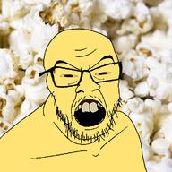 angry asian brown_eyes buck_teeth food glasses irl_background looking_at_you mustache open_mouth popcorn small_eyes soyjak stubble teeth variant:feraljak yellow_sclera yellow_skin yellow_teeth // 750x750 // 700.6KB