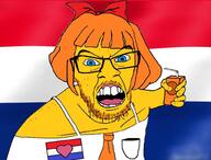 acne angry arm blue_eyes bowtie cartoon clothes country drinking_straw dutch female flag glasses hair hand holding_object juice mustache mymy necktie netherlands ongezellig open_mouth orange_hair soyjak stubble variant:feraljak yellow // 1006x766 // 670.1KB