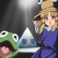 animal anime blue_hair cirno closed_mouth clothes frog green_skin hat kermit_the_frog moriya_suwako open_mouth pointing smile soy_parody the_muppets tongue touhou triangle variant:two_pointing_soyjaks video_game yellow_hair // 2000x2000 // 409.4KB